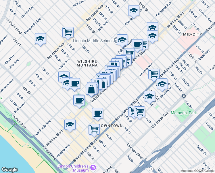 map of restaurants, bars, coffee shops, grocery stores, and more near 1030 Wilshire Boulevard in Santa Monica