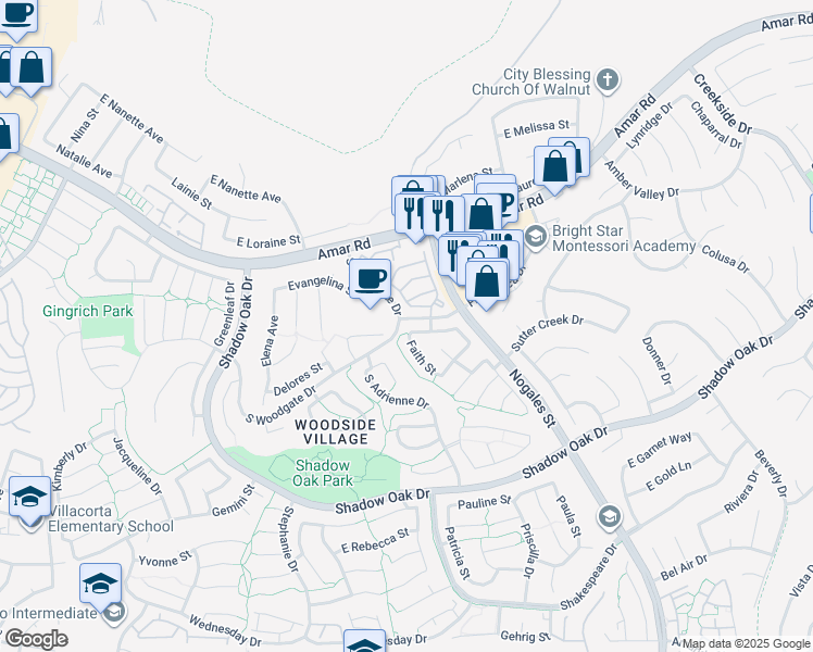 map of restaurants, bars, coffee shops, grocery stores, and more near 2401 Felicia Street in West Covina