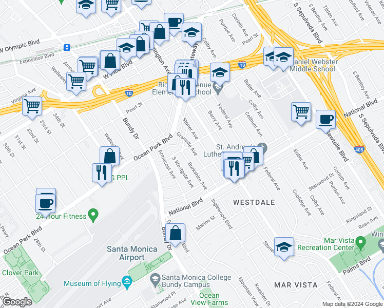 map of restaurants, bars, coffee shops, grocery stores, and more near 2719 Granville Avenue in Los Angeles