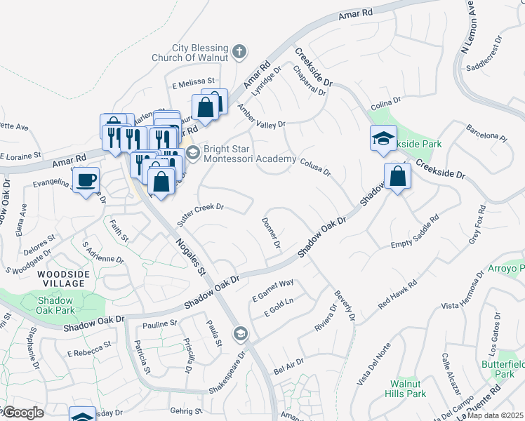 map of restaurants, bars, coffee shops, grocery stores, and more near 772 Bonnie Claire Drive in Walnut
