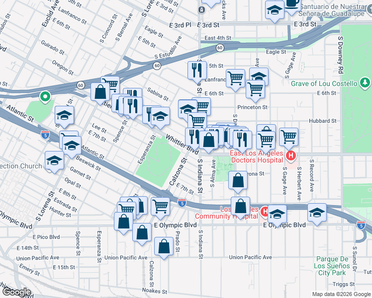 map of restaurants, bars, coffee shops, grocery stores, and more near 3706 1/2 Whittier Boulevard in Los Angeles