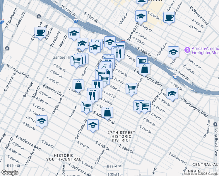map of restaurants, bars, coffee shops, grocery stores, and more near 746 East 22nd Street in Los Angeles