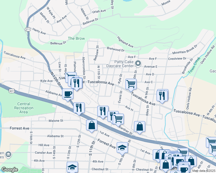 map of restaurants, bars, coffee shops, grocery stores, and more near 1054 Tuscaloosa Avenue in Gadsden
