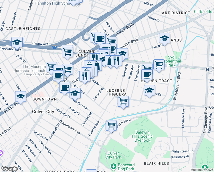 map of restaurants, bars, coffee shops, grocery stores, and more near 8952 Hubbard Street in Culver City