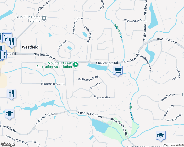 map of restaurants, bars, coffee shops, grocery stores, and more near 4948 Laurel Spring Drive Northeast in Roswell