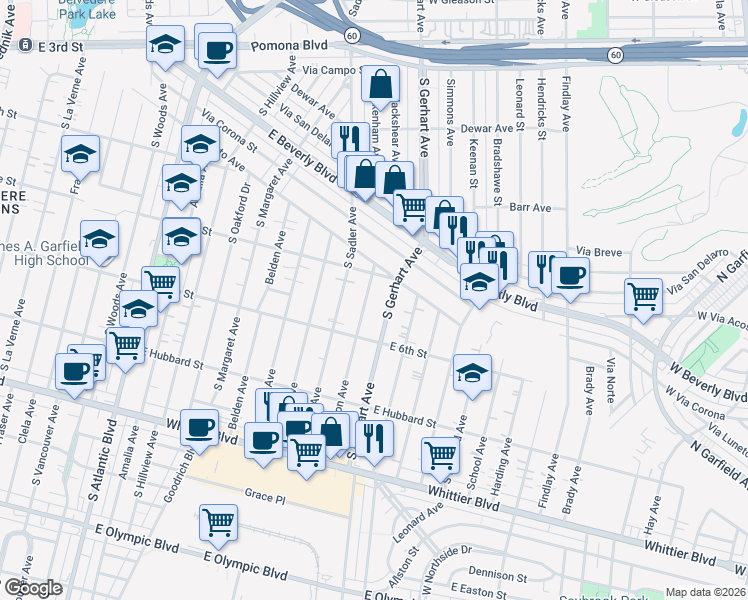 map of restaurants, bars, coffee shops, grocery stores, and more near 520 Williamson Avenue in East Los Angeles