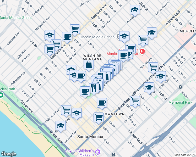 map of restaurants, bars, coffee shops, grocery stores, and more near in Santa Monica