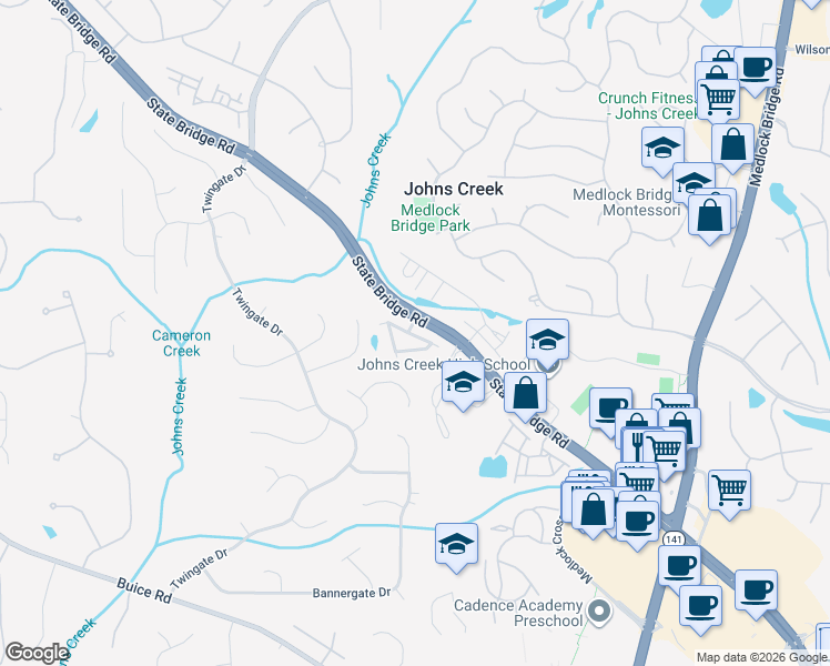 map of restaurants, bars, coffee shops, grocery stores, and more near 5496 Cameron Parc Drive in Alpharetta