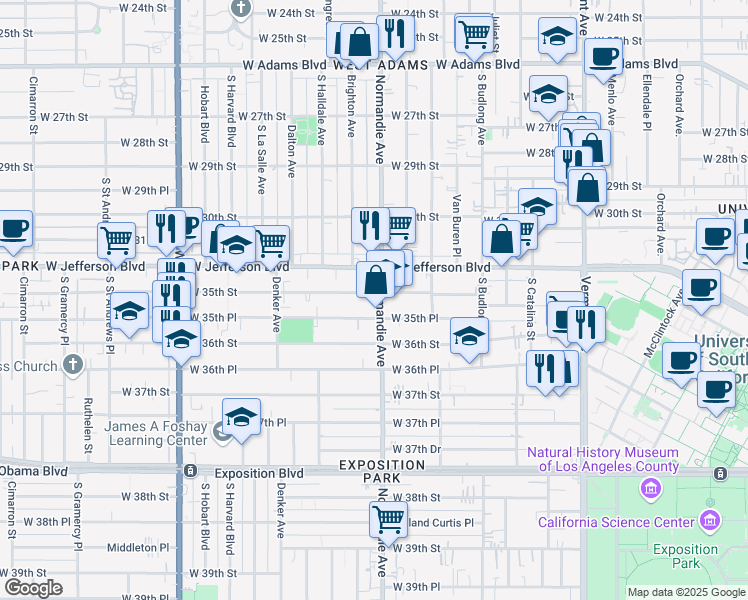 map of restaurants, bars, coffee shops, grocery stores, and more near 1408 West 35th Street in Los Angeles