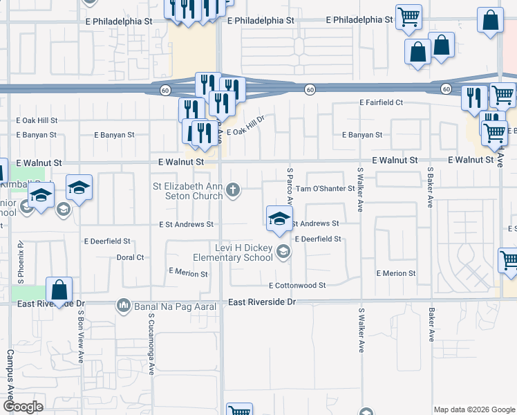 map of restaurants, bars, coffee shops, grocery stores, and more near 2720 South Del Norte Avenue in Ontario