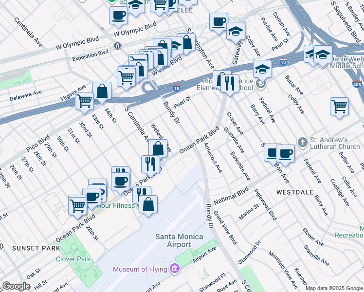 map of restaurants, bars, coffee shops, grocery stores, and more near 2592 Amherst Avenue in Los Angeles