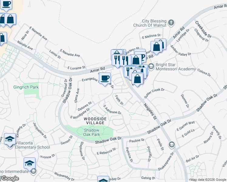 map of restaurants, bars, coffee shops, grocery stores, and more near 856 Francesca Drive in West Covina