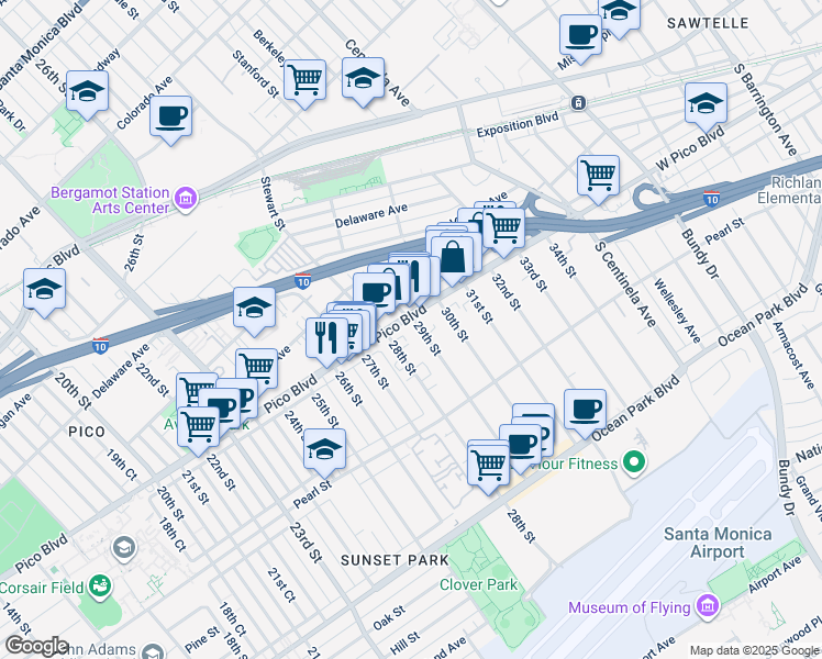 map of restaurants, bars, coffee shops, grocery stores, and more near 2828 Pico Blvd in Santa Monica