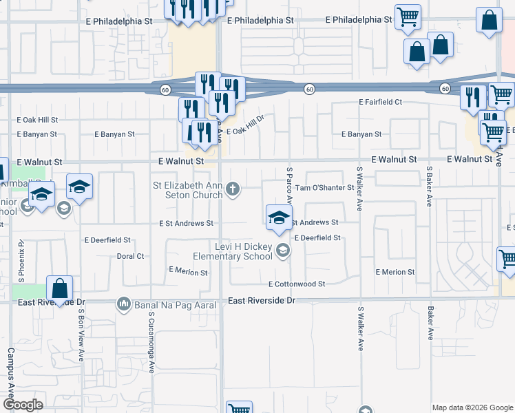 map of restaurants, bars, coffee shops, grocery stores, and more near 2720 South Del Norte Avenue in Ontario