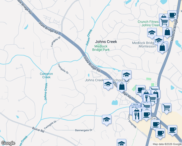 map of restaurants, bars, coffee shops, grocery stores, and more near 9952 Cameron Parc Circle in Johns Creek