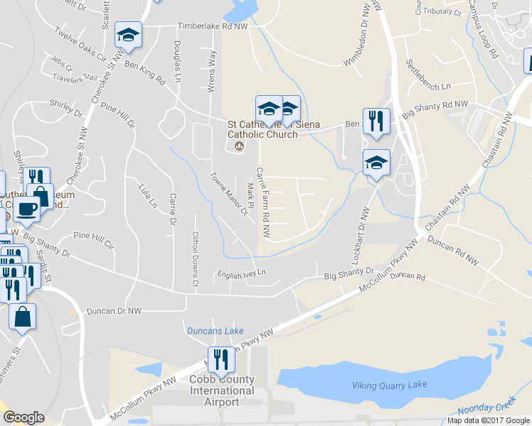 map of restaurants, bars, coffee shops, grocery stores, and more near 2985 Carrie Farm Road in Kennesaw