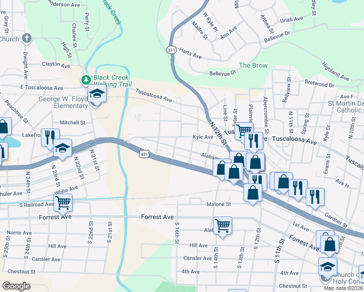 map of restaurants, bars, coffee shops, grocery stores, and more near 1409 Alabama Avenue in Gadsden