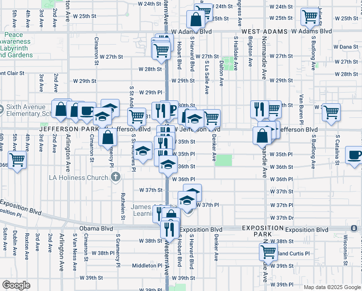 map of restaurants, bars, coffee shops, grocery stores, and more near 1654 West 35th Street in Los Angeles