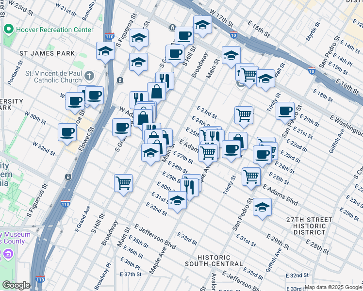 map of restaurants, bars, coffee shops, grocery stores, and more near 141 East Adams Boulevard in Los Angeles
