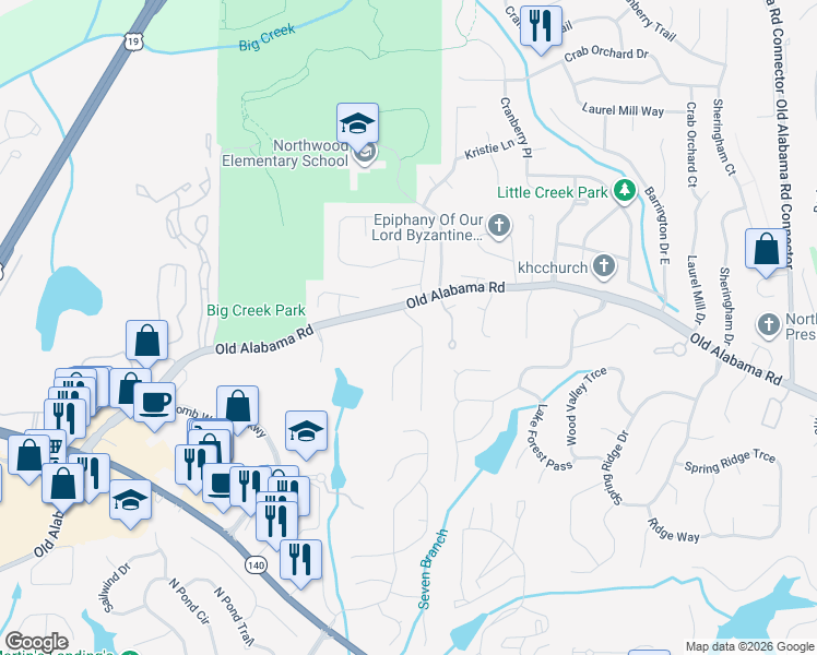 map of restaurants, bars, coffee shops, grocery stores, and more near 530 Ansley Drive in Roswell