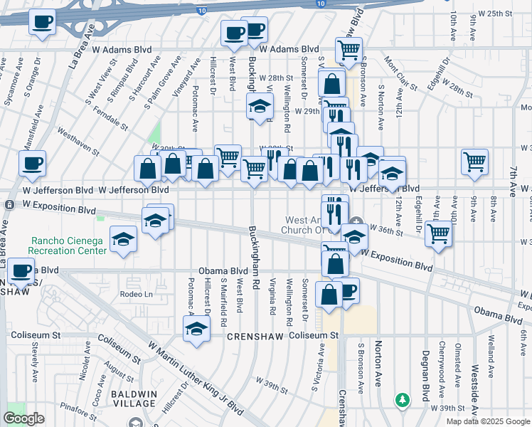 map of restaurants, bars, coffee shops, grocery stores, and more near 3441 Virginia Road in Los Angeles
