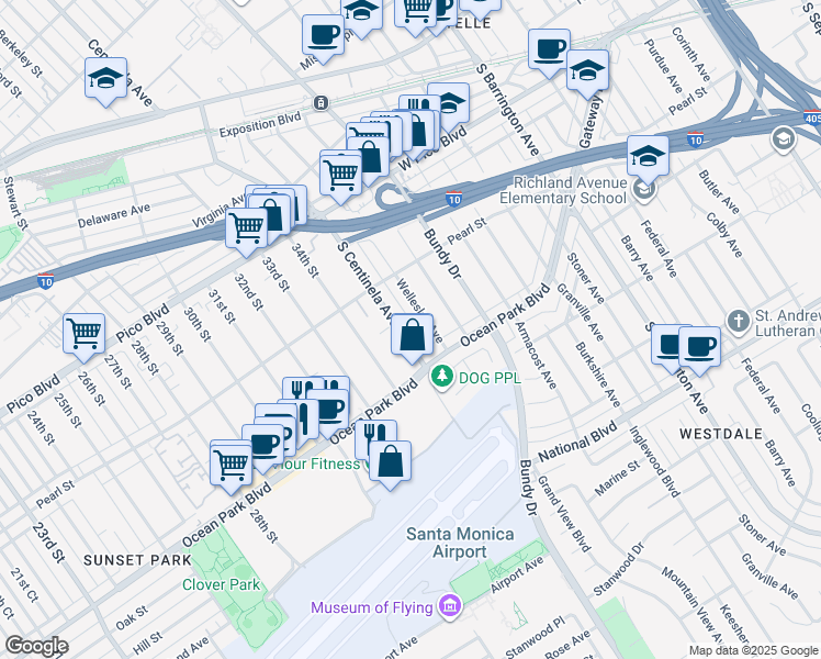 map of restaurants, bars, coffee shops, grocery stores, and more near 2571 Wellesley Avenue in Los Angeles