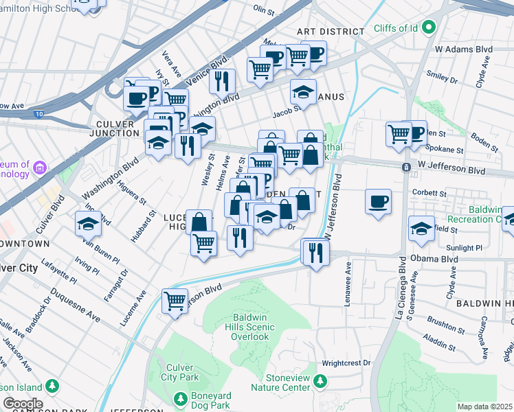 map of restaurants, bars, coffee shops, grocery stores, and more near 3590 Hayden Avenue in Culver City
