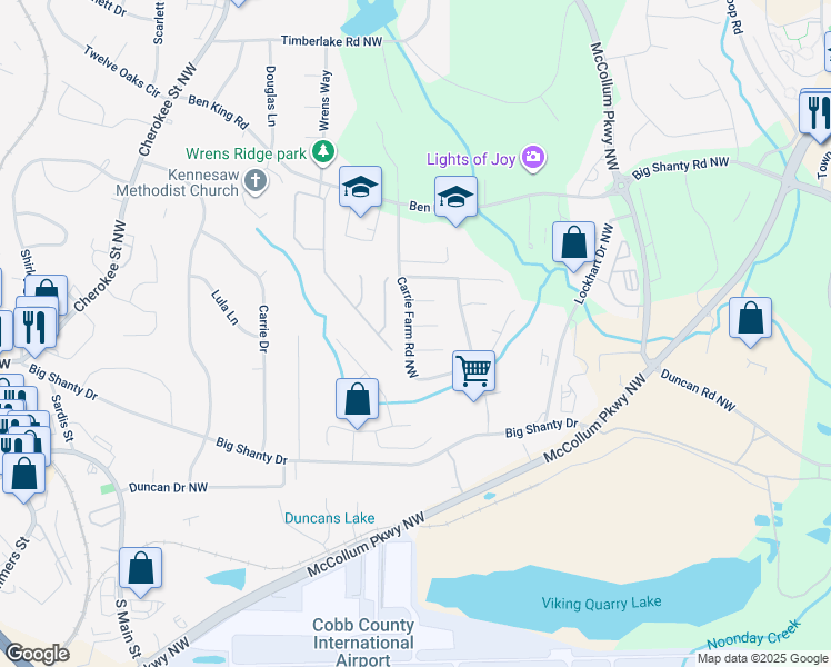 map of restaurants, bars, coffee shops, grocery stores, and more near 1621 Carrie Farm Court Northwest in Kennesaw