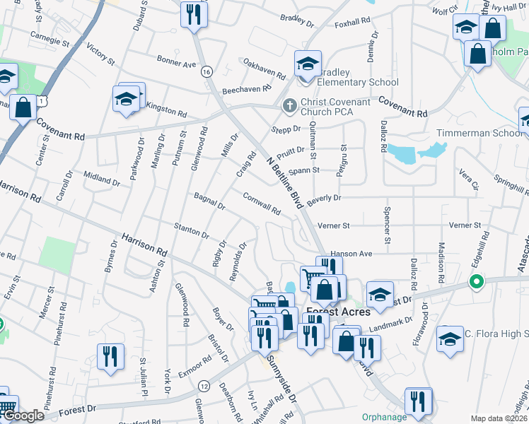 map of restaurants, bars, coffee shops, grocery stores, and more near 3209 Cornwall Road in Columbia