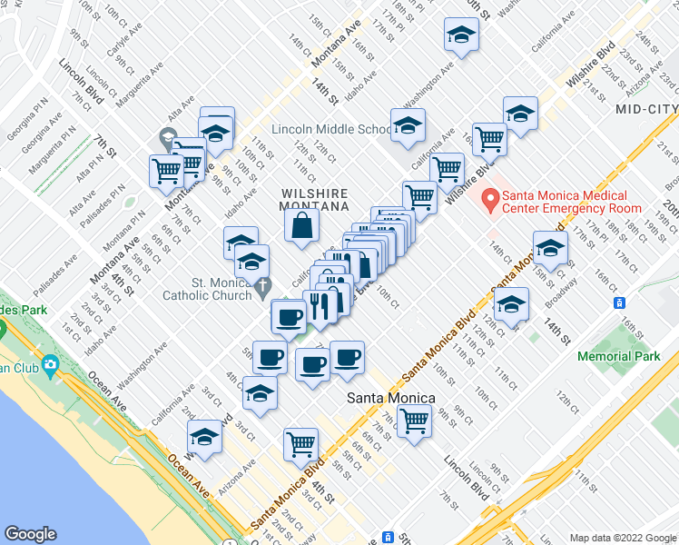 map of restaurants, bars, coffee shops, grocery stores, and more near 1128 10th Street in Santa Monica