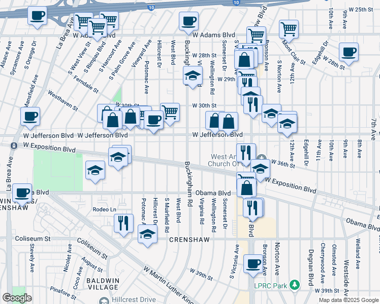 map of restaurants, bars, coffee shops, grocery stores, and more near 3440 Buckingham Road in Los Angeles