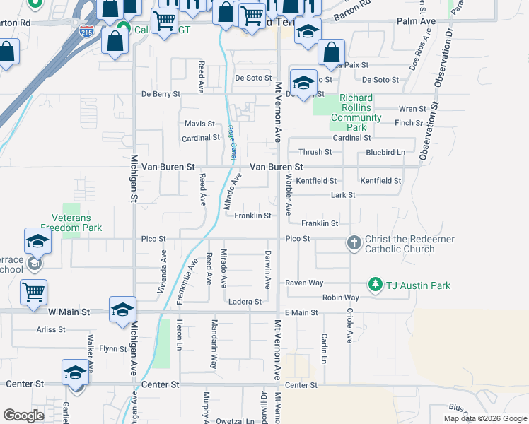 map of restaurants, bars, coffee shops, grocery stores, and more near 12632 Franklin Court in Grand Terrace