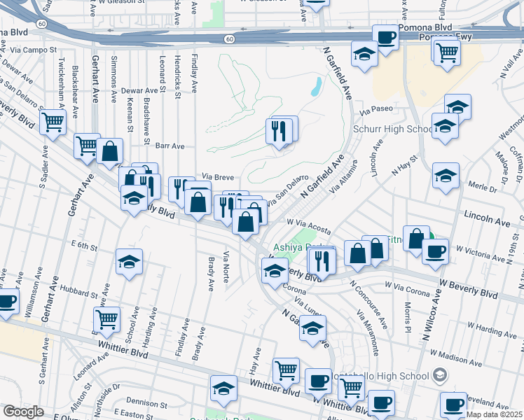 map of restaurants, bars, coffee shops, grocery stores, and more near 2929 Via San Delarro in Montebello