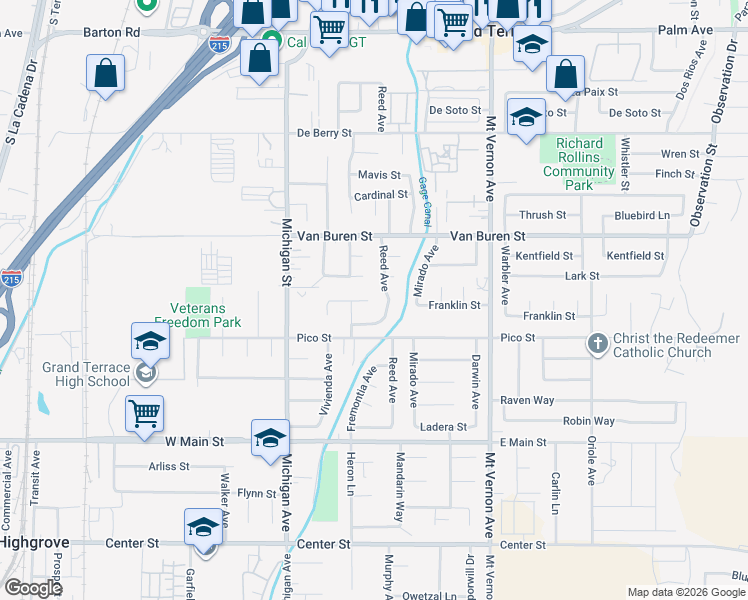 map of restaurants, bars, coffee shops, grocery stores, and more near 22257 Emerald Street in Grand Terrace