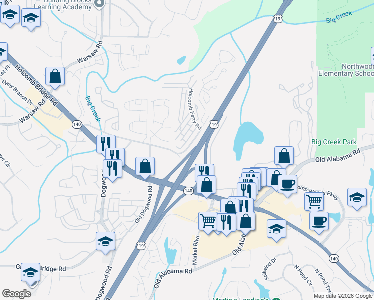 map of restaurants, bars, coffee shops, grocery stores, and more near 600 Old Holcomb Bridge Road in Roswell