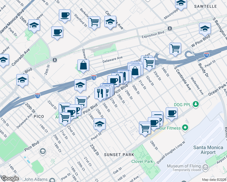 map of restaurants, bars, coffee shops, grocery stores, and more near 2727 Pico Boulevard in Santa Monica