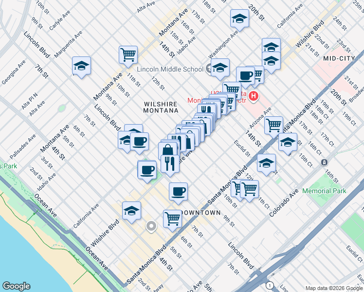 map of restaurants, bars, coffee shops, grocery stores, and more near 1143 10th Street in Santa Monica