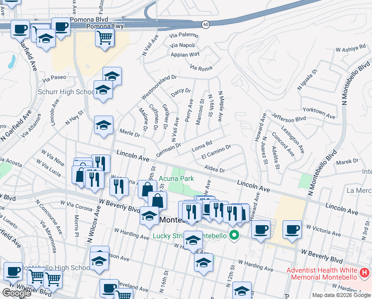 map of restaurants, bars, coffee shops, grocery stores, and more near 1713 Germain Drive in Montebello