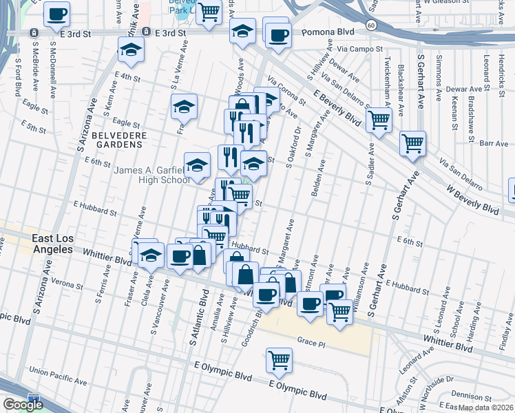 map of restaurants, bars, coffee shops, grocery stores, and more near in East Los Angeles