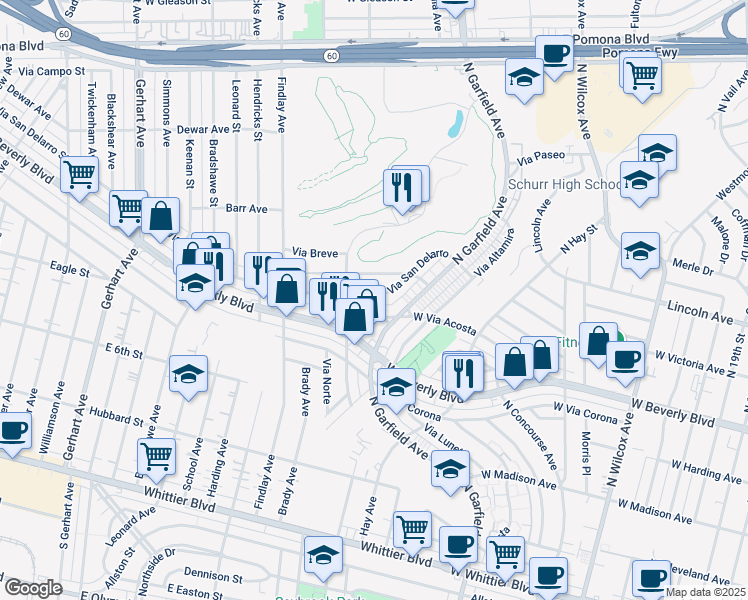 map of restaurants, bars, coffee shops, grocery stores, and more near 2929 Via San Delarro in Montebello