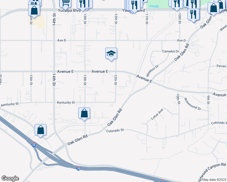 map of restaurants, bars, coffee shops, grocery stores, and more near 12630 12th Street in Yucaipa