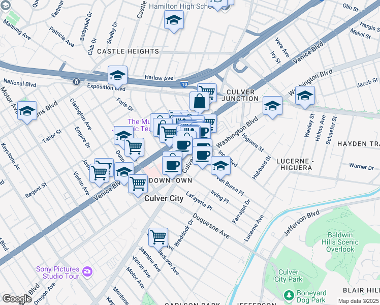 map of restaurants, bars, coffee shops, grocery stores, and more near 3811 Main Street in Culver City