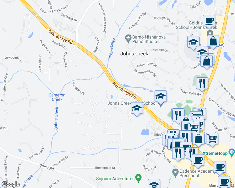 map of restaurants, bars, coffee shops, grocery stores, and more near 9952 Cameron Parc Circle in Johns Creek