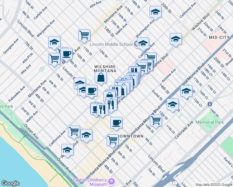 map of restaurants, bars, coffee shops, grocery stores, and more near 1127 10th Street in Santa Monica