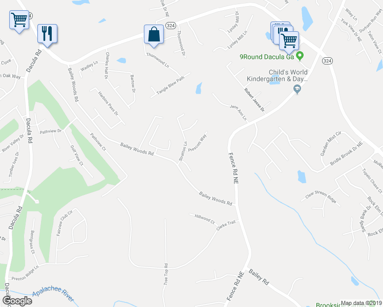 map of restaurants, bars, coffee shops, grocery stores, and more near 740 Prescott Way in Dacula
