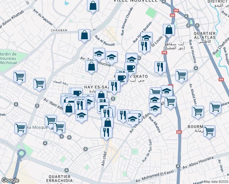 map of restaurants, bars, coffee shops, grocery stores, and more near Avenue Saint Louis in Fes