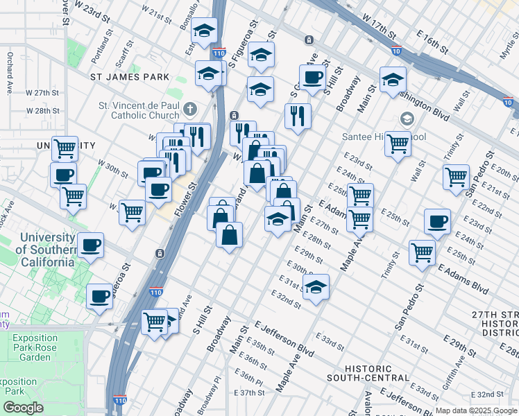 map of restaurants, bars, coffee shops, grocery stores, and more near 2711 South Hill Street in Los Angeles