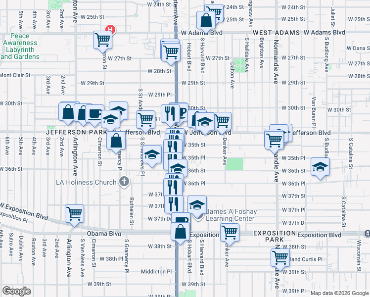 map of restaurants, bars, coffee shops, grocery stores, and more near 1668 West 35th Street in Los Angeles