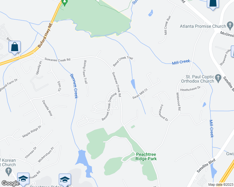 map of restaurants, bars, coffee shops, grocery stores, and more near 3260 Bennett Creek Lane in Johns Creek