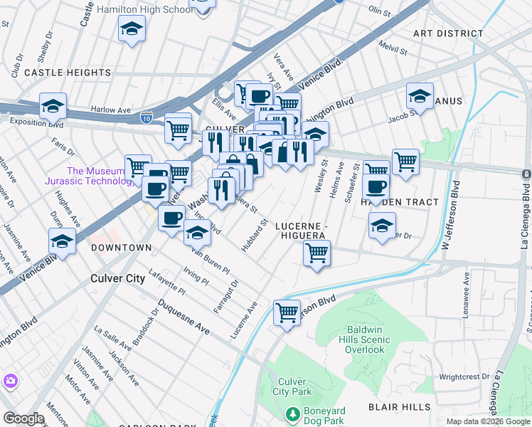 map of restaurants, bars, coffee shops, grocery stores, and more near 8952 Hubbard Street in Culver City